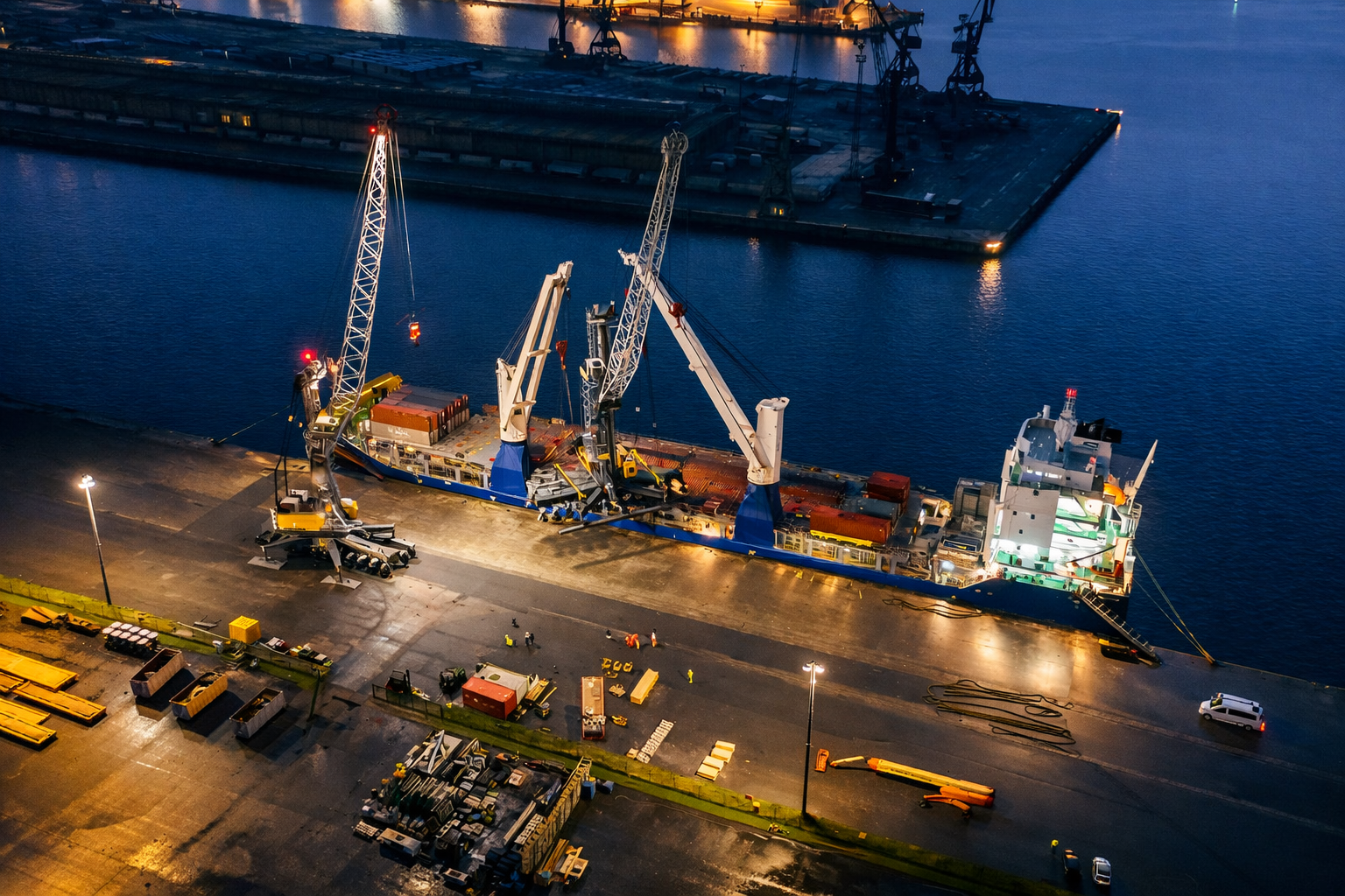 Heavy-lift vessel night loading operations at port