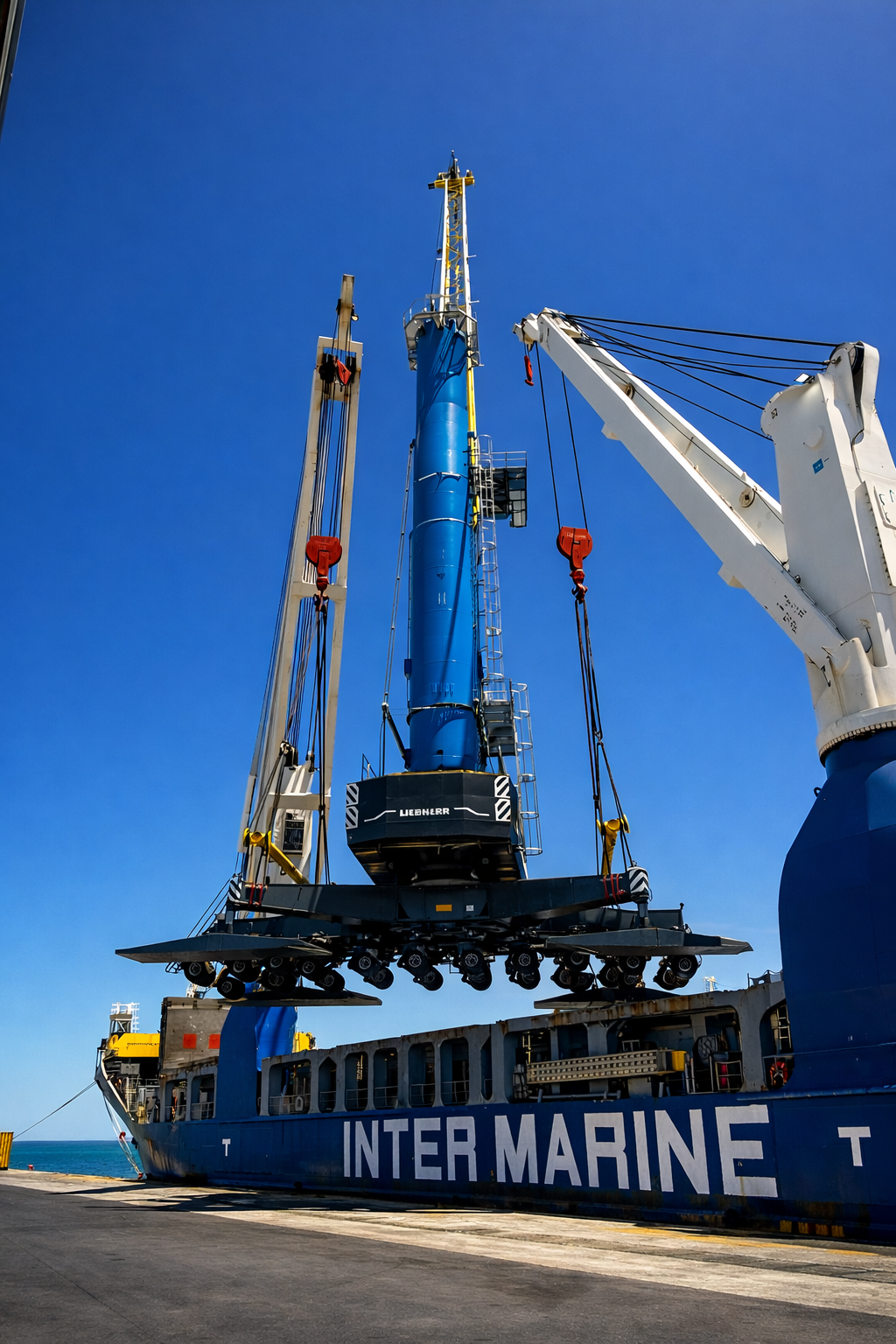 Heavy crane discharge at coastal port